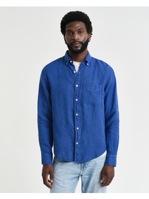 Gant Erkek Lacivert Regular Fit Düğmeli Yaka Keten Gömlek 3240120.407