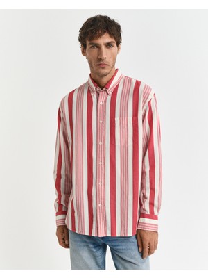 Gant Erkek Kırmızı Relaxed Fit Düğmeli Yaka Çizgili Gömlek 3250021.630