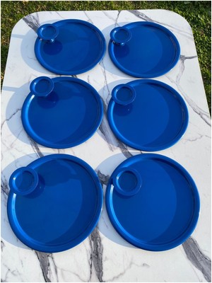 2 Model 6'lı Mavi Yuvarlak Tepsi ve 6'lı Mavi Makaronluk Kahve ve Pasta Servisi Sunum Tepsisi