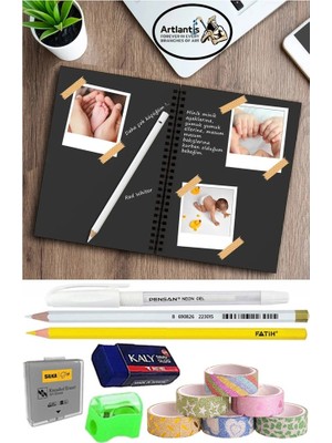 Artlantis Telli Siyah Defter A5 40 Yaprak Eskiz Fotoğraf Albümü Simli Bant Sarı Beyaz Kurşun Jel Kalem Sigi Kalemtarş Hamur Silgi