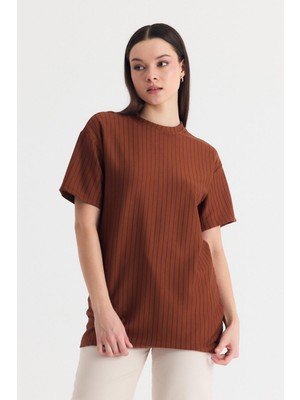 Rays Taba Çizgili Oversize Tişört 4447A