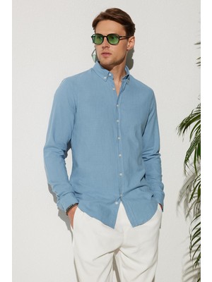 Erkek Slim Fit Dar Kesim %100 Pamuk Keten Doku Düğmeli Yaka Mavi Gömlek