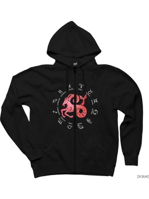 Koç Burcu Modern Siyah Fermuarlı Kapşonlu Sweatshirt