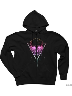 Skull Pink Kufu Kafa Siyah Fermuarlı Kapşonlu Sweatshirt