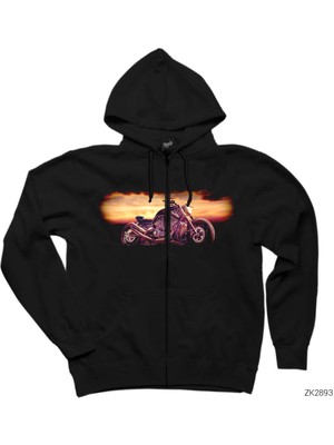 Motorcycle Design Siyah Fermuarlı Kapşonlu Sweatshirt
