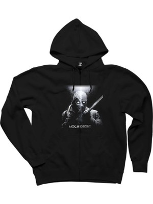 Moon Knight Warrios Siyah Fermuarlı Kapşonlu Sweatshirt