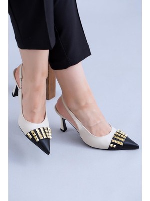 Krıste Bell 017 Bej Siyah Ithal Ön Zımbalı Trok Detaylı Arkası Açık Sivri Burun Kadın Topuklu Ayakkabı