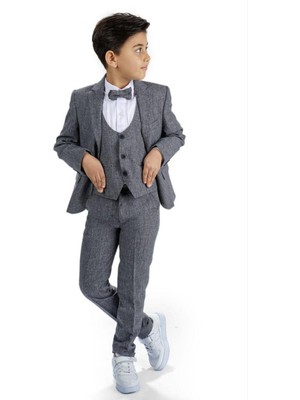 Magu Erkek Çocuk Gri Damatlık Takım Ceket Gömlek Yelek Papyon Pantolon 7 Yaş İçin Özel