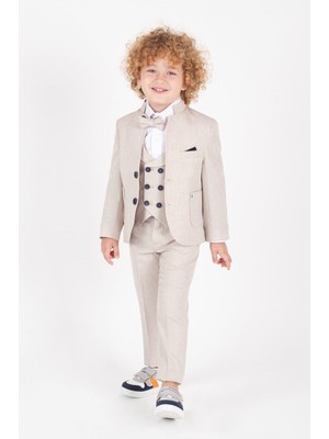 Magu Krem Çocuk Takım Elbise Şık Tasarım Papyonlu Yelekli Ceketli Smokin