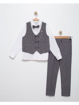 Gri Çocuk Takım Elbise Şık Tasarım Papyonlu Yelekli Smokin