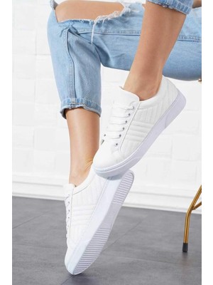 Caprito Y-1035 Beyaz Cilt Bağlı Kalın Taban Sneakers Günlük Spor Ayakkabı