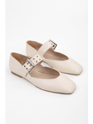 Shoeberry Kadın Vell Ekru Cilt Kemer Tokalı Babet