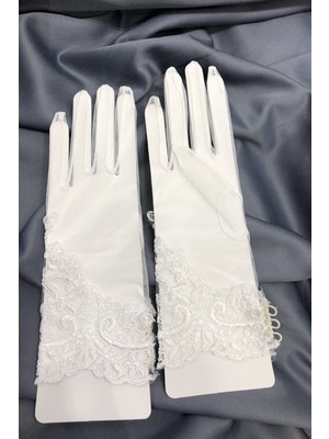 Hayalperest Boncuk Beyaz  Güpür Dantelli Eldiven