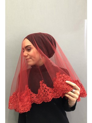 Hayalperest Boncuk Kırmızı Güpürlü Gelin Duvağı Kına Yüz Örtüsü