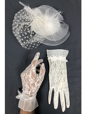 Beyaz Puantiyeli Vualet ve Dantelli Eldiven