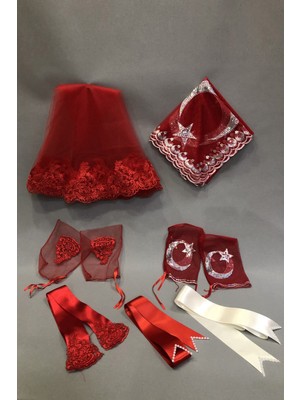 Hayalperest Boncuk Kırmızı Gelin Duvağı Ay Yıldızlı Damat Örtüsü Ve Takı Kurdele Seti