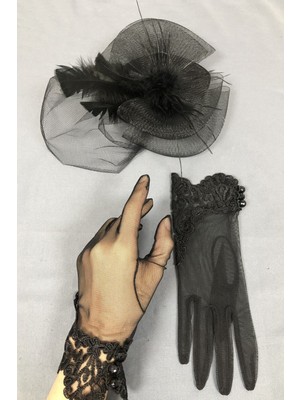 Siyah Vualet Şapka ve Dantel Eldiven