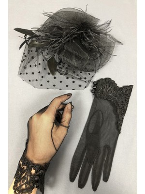 Siyah Nikah Şapkası ve Dantelli Eldiven
