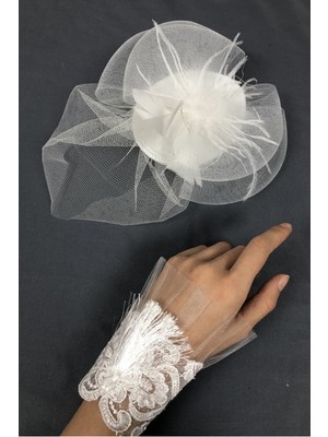 Hayalperest Boncuk Beyaz Nikah Şapkası Ve Tüylü Bileklik Aksesuar