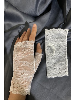 Hayalperest Boncuk Beyaz Dantelli Yarım Parmak Eldiven