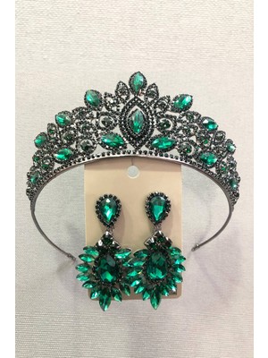 Hayalperest Boncuk Zümrüt Yeşili Kına Tacı ve Küpe Takımı