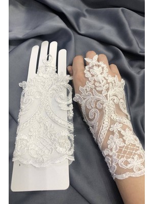 Hayalperest Boncuk Beyaz Parmak Model Dantelli Eldiven