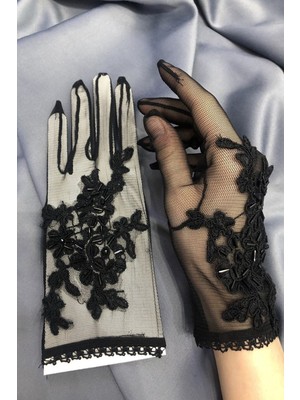 Hayalperest Boncuk Çiçek Desenli Siyah Boncuk Işlemeli Eldiven