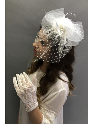 Hayalperest Boncuk Beyaz Eldiven-Puantiyeli Vualet Nikah Şapkası
