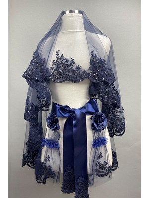 Hayalperest Boncuk Lacivert Azur Pullu Gelin Duvağı Kına Yüz Örtüsü
