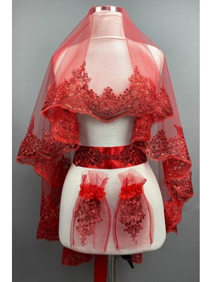 Hayalperest Boncuk Kırmızı Azur Pullu Gelin Duvağı Kına Yüz Örtüsü