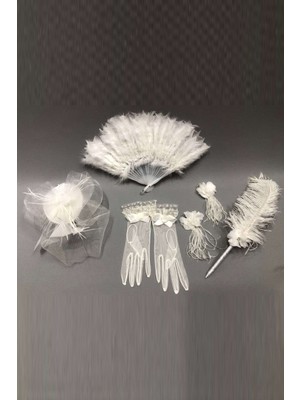 Hayalperest Boncuk Beyaz Eldiven Vualet Kalem -Yelpaze Küpe Takım