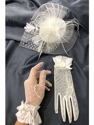 Hayalperest Boncuk Beyaz Puantiyeli Eldiven-Vualet Nikah Şapkası