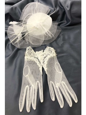 Hayalperest Boncuk Beyaz Dantelli Eldiven-Düz Vualet Nikah Şapkası