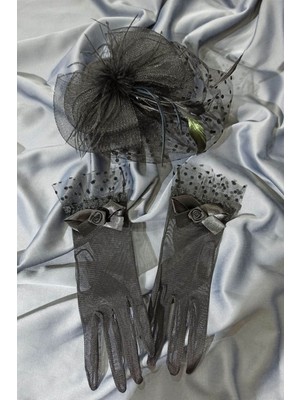 Hayalperest Boncuk Siyah Düz Eldiven- Puantiyeli Vualet Nikah Şapkası