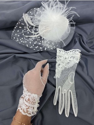 Hayalperest Boncuk Beyaz Dantelli Tül Eldiven-Puantiyeli Vualet Nikah Şapkası