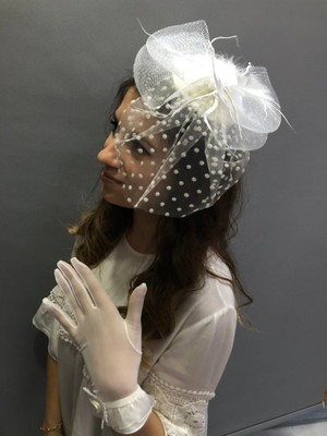 Hayalperest Boncuk Beyaz  Eldiven-Puantiyeli Vualet Nikah Şapkası