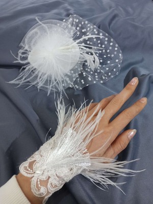 Hayalperest Boncuk Beyaz Tüylü Bileklik Kalem ve Nikah Şapkası Takım