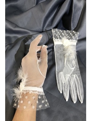 Hayalperest Boncuk Beyaz Dantelli Tüylü Eldiven