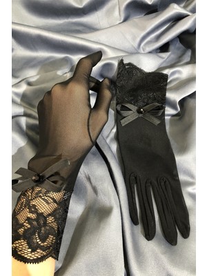 Hayalperest Boncuk Siyah Kurdele Dantelli Eldiven