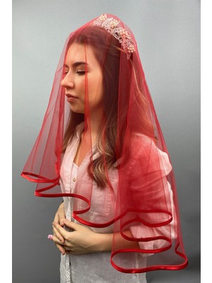 Hayalperest Boncuk Kırmızı Biyeli Gelin Duvağı Yüz Örtüsü