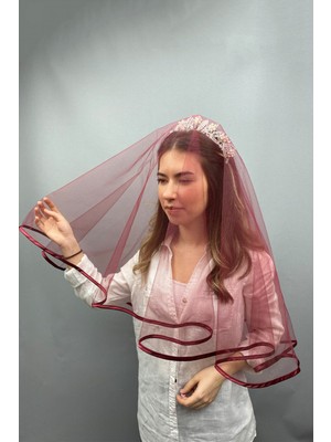 Hayalperest Boncuk Bordo Biyeli Gelin Duvağı Yüz Örtüsü