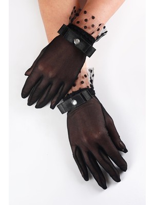 Hayalperest Boncuk Siyah Düz Fiyonklu Taşlı Gelin Eldiveni