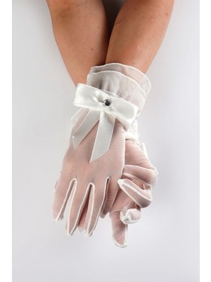 Hayalperest Boncuk Beyaz Düz Fiyonklu Taşlı Gelin Eldiveni