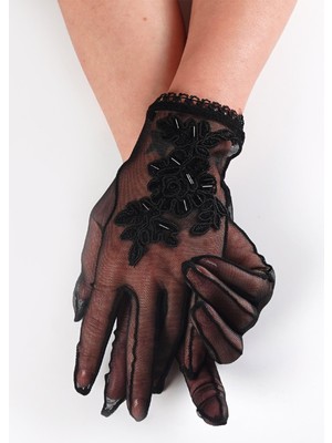 Hayalperest Boncuk Siyah Boncuk Işlemeli Gelin Eldiveni