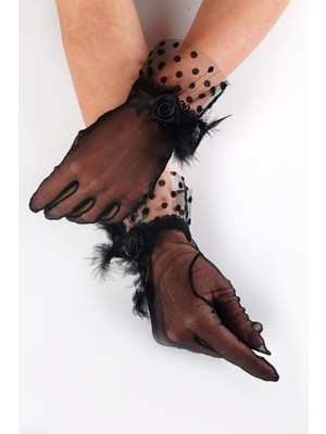 Hayalperest Boncuk Siyah  Tüylü Puantiyeli Gelin Eldiveni