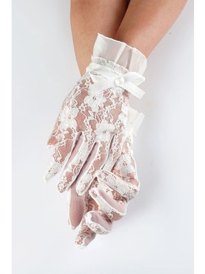 Hayalperest Boncuk Beyaz  Dantel Detaylı Gelin Eldiveni