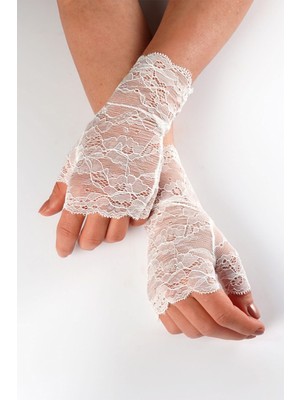 Hayalperest Boncuk Beyaz Yarım Parmak Dantelli Gelin Eldiveni