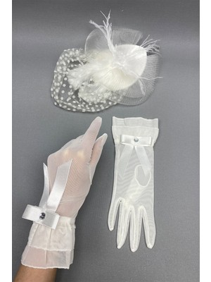 Hayalperest Boncuk Puantiyeli Nikah Şapkası ve Fiyonklu Gelin Eldiveni