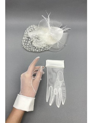 Hayalperest Boncuk Manşetli Gelin Eldiveni ve Puantiyeli Nikah Şapkası
