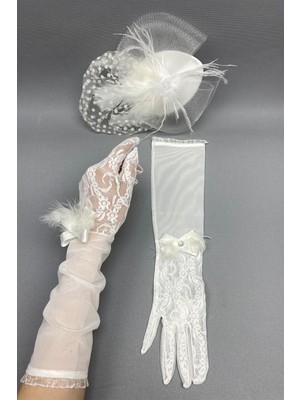 Hayalperest Boncuk Dantelli Gelin Eldiveni ve Puantiyeli Nikah Şapkası
